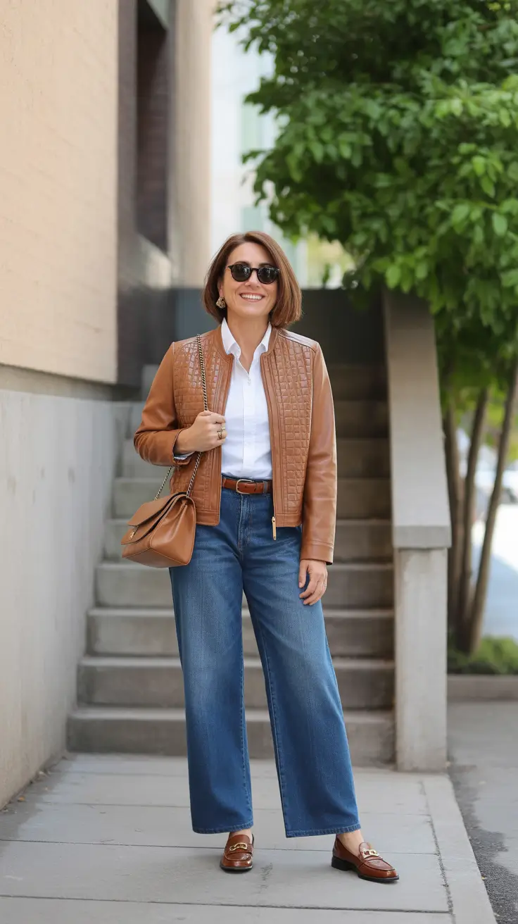 soft spring outfits for women over 50 2026 - Cognac Quilted Jacket With Wide Leg Denim Ease