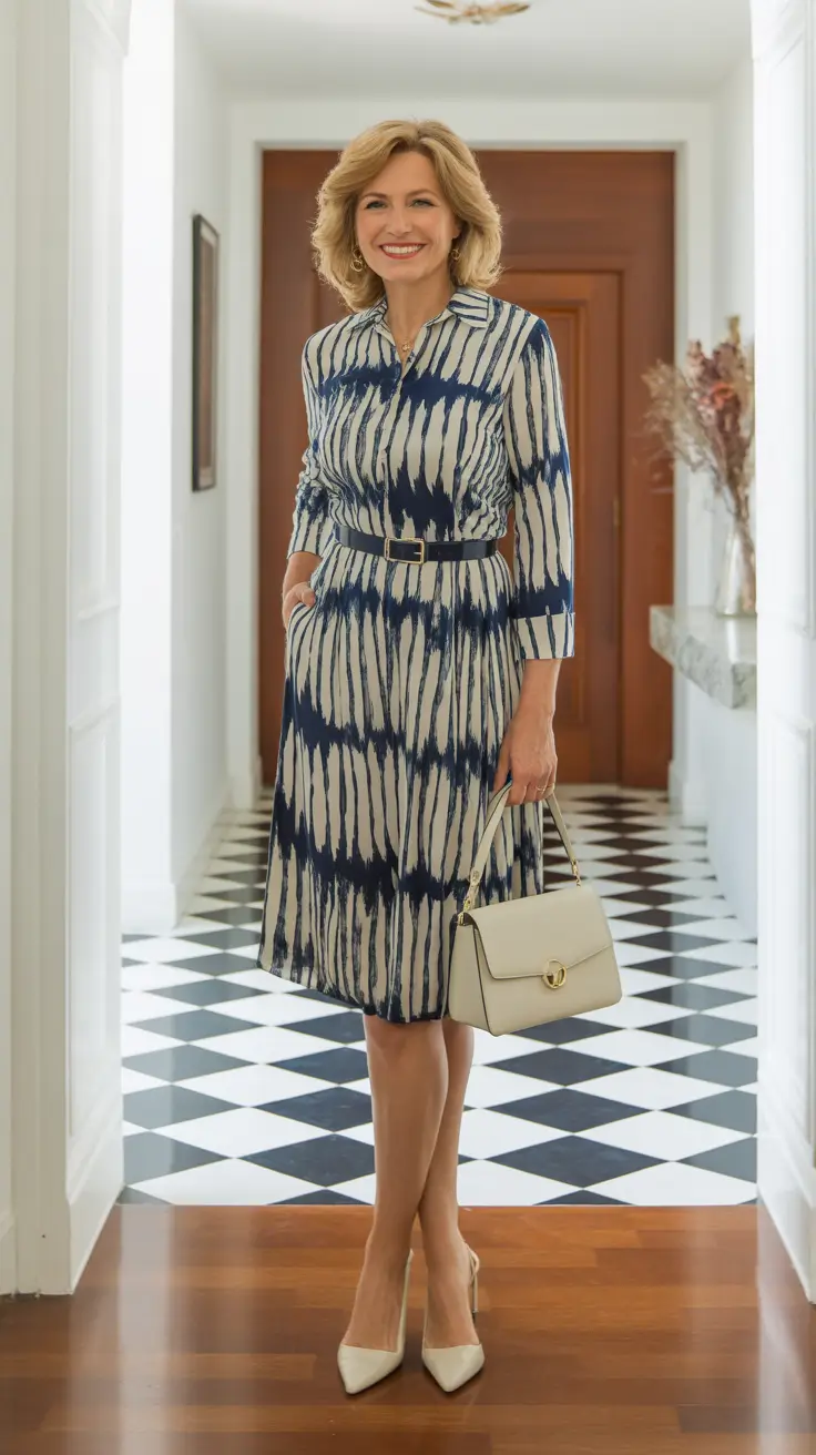 soft spring outfits for women over 50 2026 - Belted Abstract Shirt Dress With A Polished Cream Bag