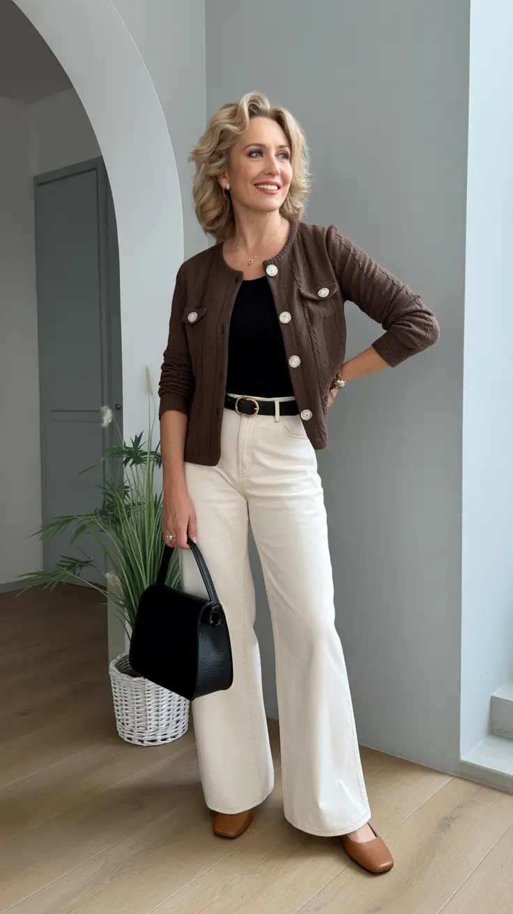 soft spring outfits for women over 50 2026 - White Denim And A Buttoned Cardigan Jacket For Clean Spring Contrast