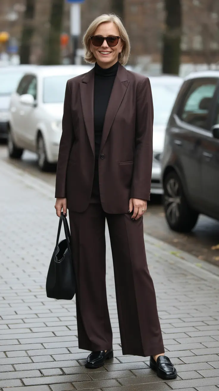 soft spring outfits for women over 50 2026 - Chocolate Suit With Black Turtleneck And Quiet Cool Energy