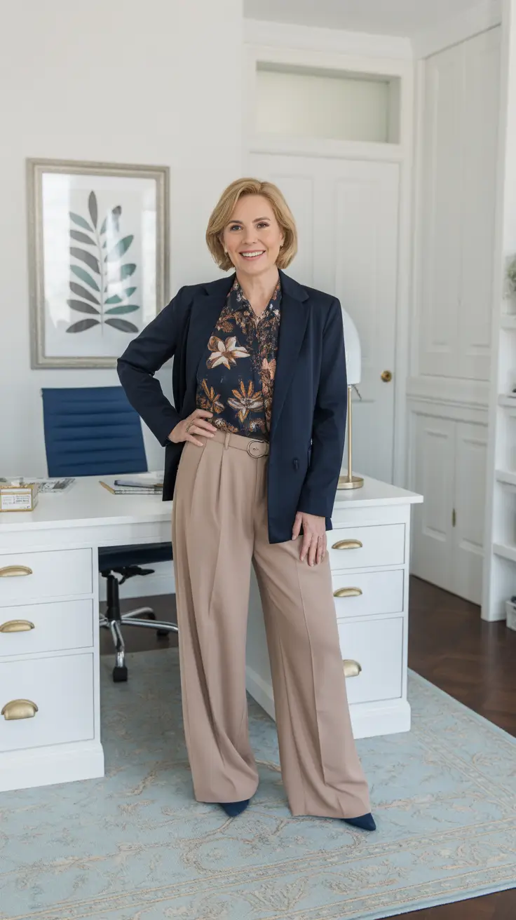 soft spring outfits for women over 50 2026 - Navy Blazer With Soft Neutrals For An Easy Workday Upgrade