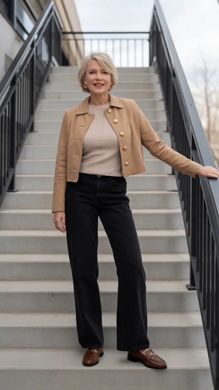 soft spring outfits for women over 50 2026 - Sand And Beige Neutrals With Wide Leg Black Jeans