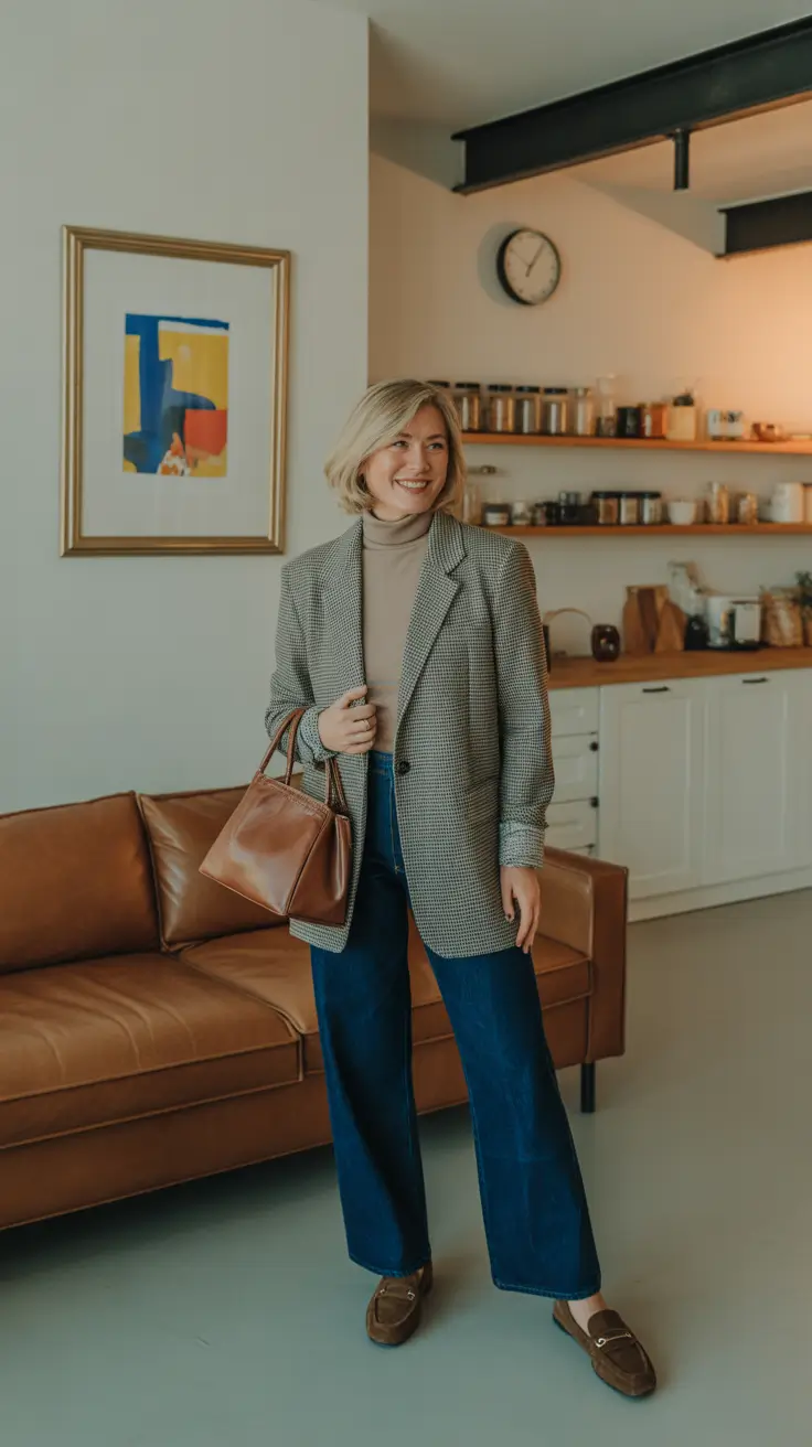 soft spring outfits for women over 50 2026 - Checked Blazer And Turtleneck For Soft Spring Smart Casual