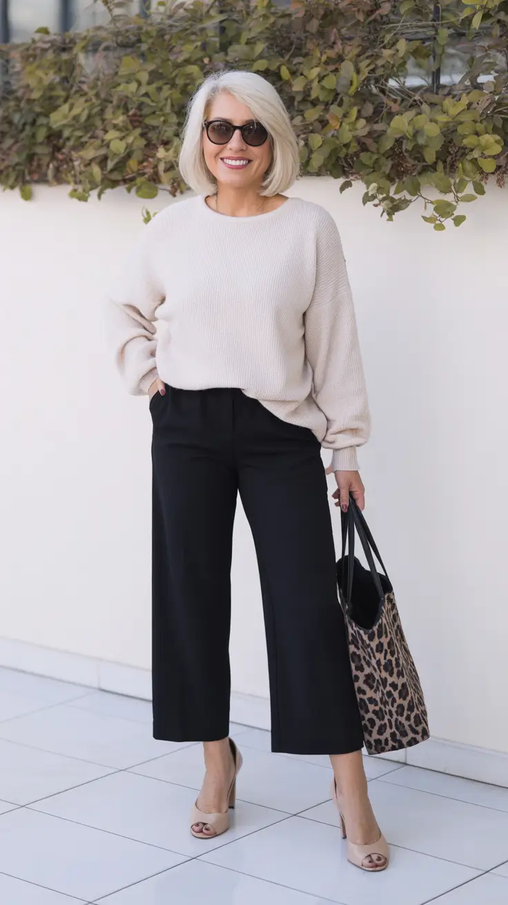 soft spring outfits for women over 50 2026 - Cream Knit And Cropped Trousers That Feel Effortless