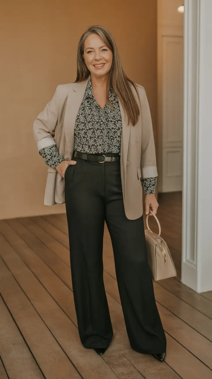 soft spring outfits for women over 50 2026 - Relaxed Blazer And Print Blouse For A Soft Power Mood