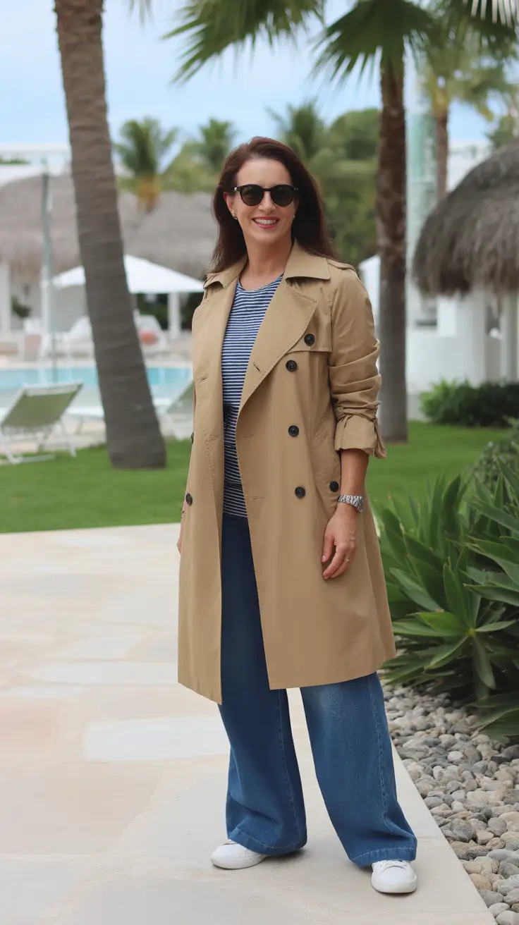 soft spring outfits for women over 50 2026 - Trench Coat And Wide-Leg Denim For Breezy Spring Days