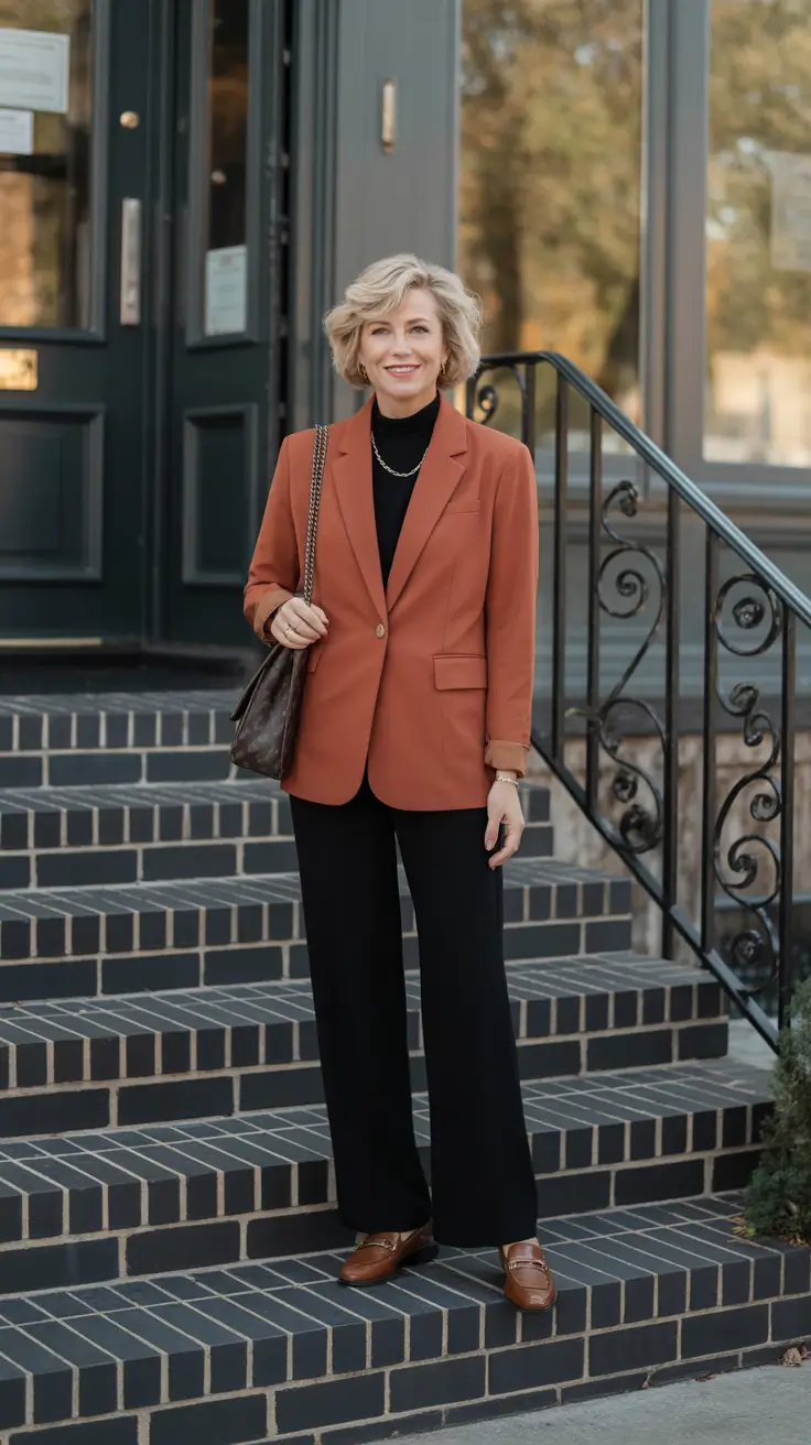 soft spring outfits for women over 50 2026 - Rust Blazer Over Black For Instant Downtown Polish