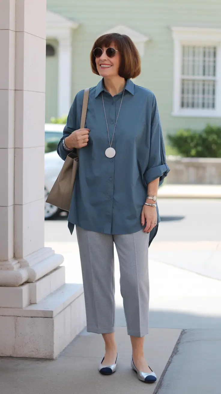 Radiant Spring Outfits for Women Over 60 2026 - Soft Blue Tunic Shirt And Slim Crops For Breezy Errands