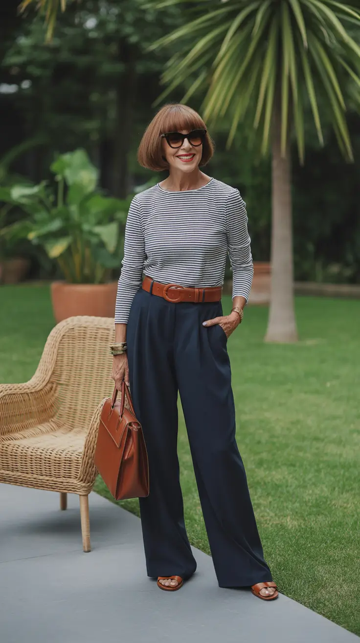 Radiant Spring Outfits for Women Over 60 2026 - Breton Stripes With Navy Wide-Leg Trousers