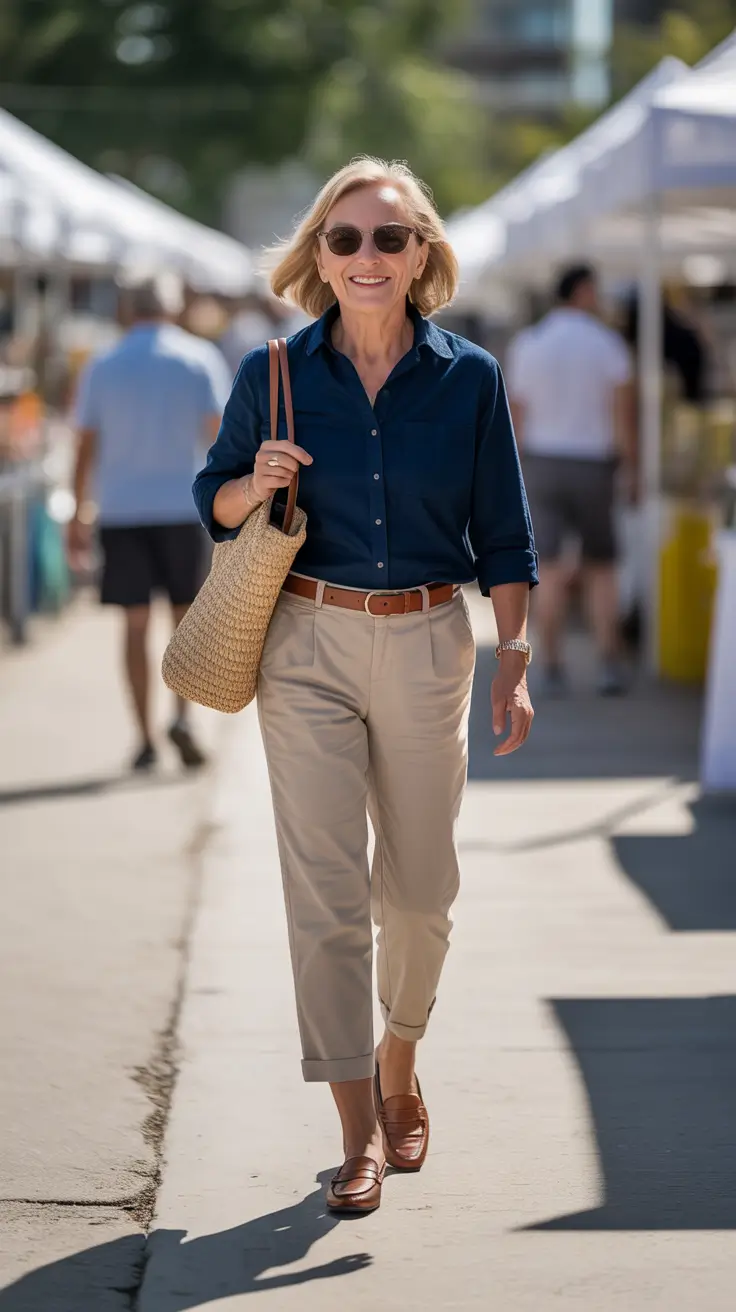 Radiant Spring Outfits for Women Over 60 2026 - Navy Shirt With Khaki Cuffs And Market-Day Ease