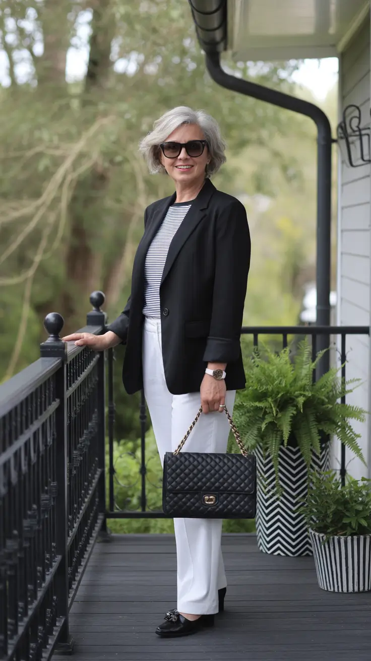 Radiant Spring Outfits for Women Over 60 2026 - Black Blazer With Stripes And Bright White Pants