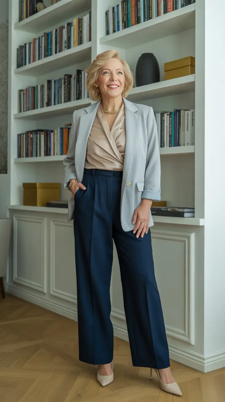 Radiant Spring Outfits for Women Over 60 2026 - Silky Champagne Blouse With A Light Blazer And Navy Trousers