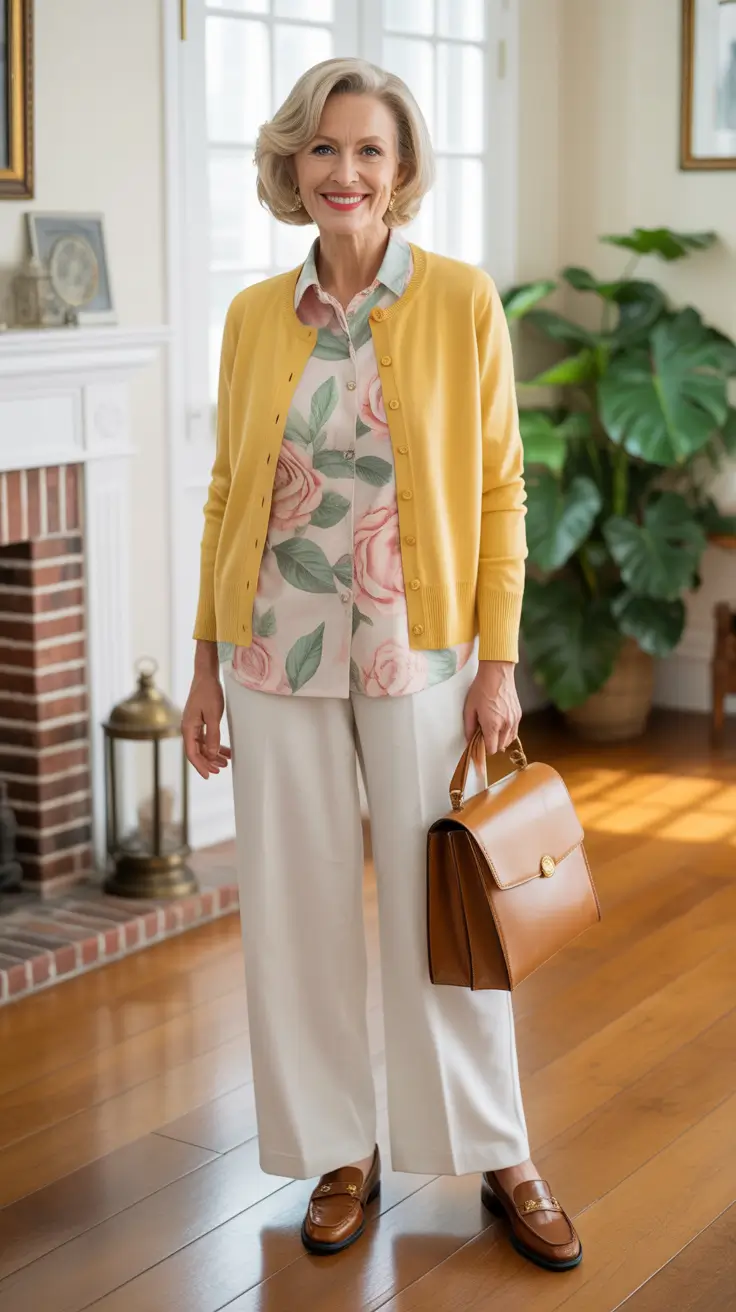 Radiant Spring Outfits for Women Over 60 2026 - Golden Cardigan Over Soft Florals And Cream Trousers