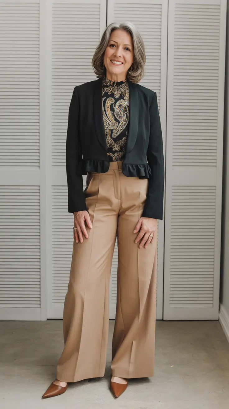 Radiant Spring Outfits for Women Over 60 2026 - Black Cropped Jacket With Camel Wide Leg Drama