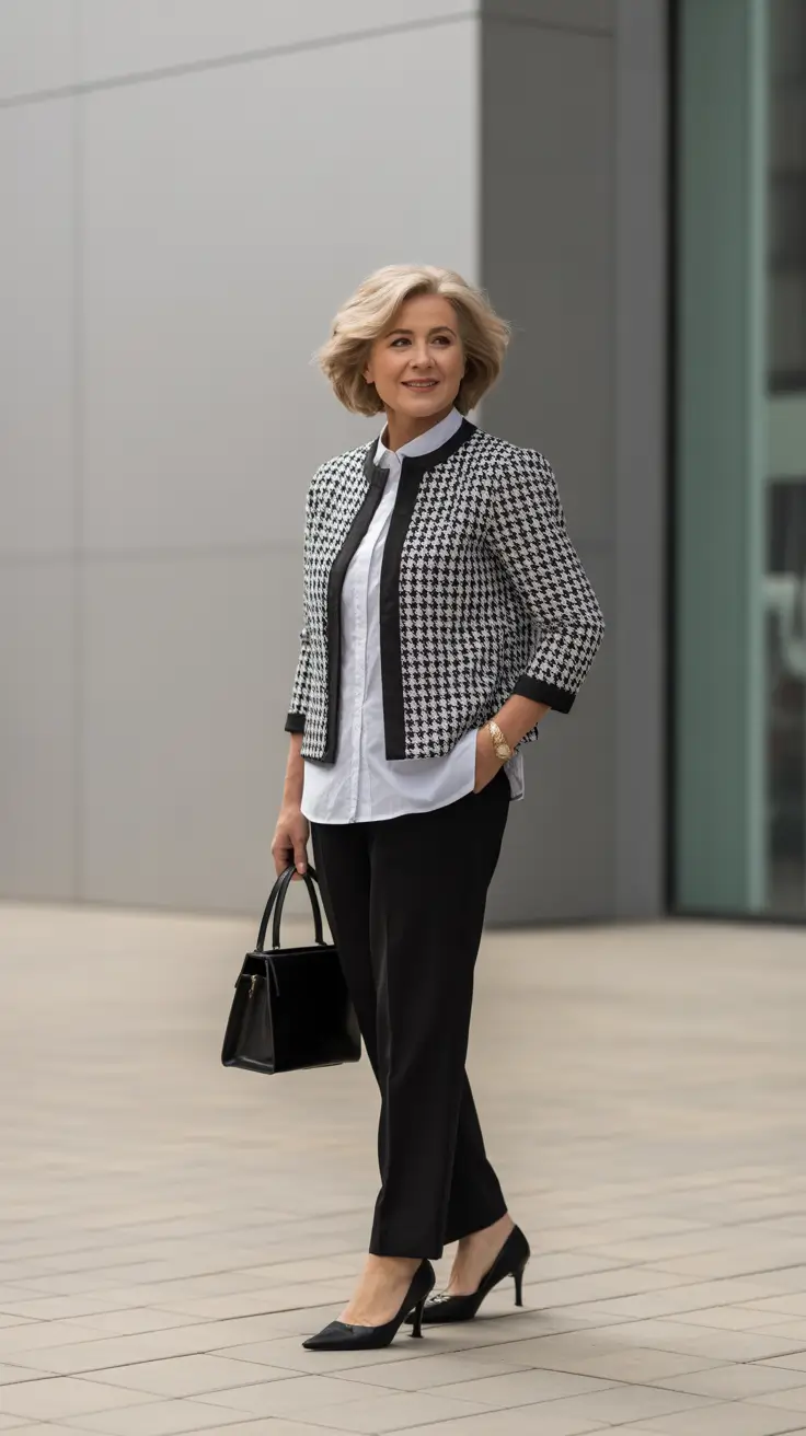 Radiant Spring Outfits for Women Over 60 2026 - Black And White Jacket With Crisp Shirt And Tailored Pants