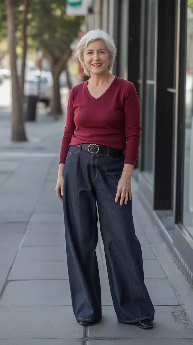 Radiant Spring Outfits for Women Over 60 2026 - Burgundy Knit And Wide-Leg Denim Ease