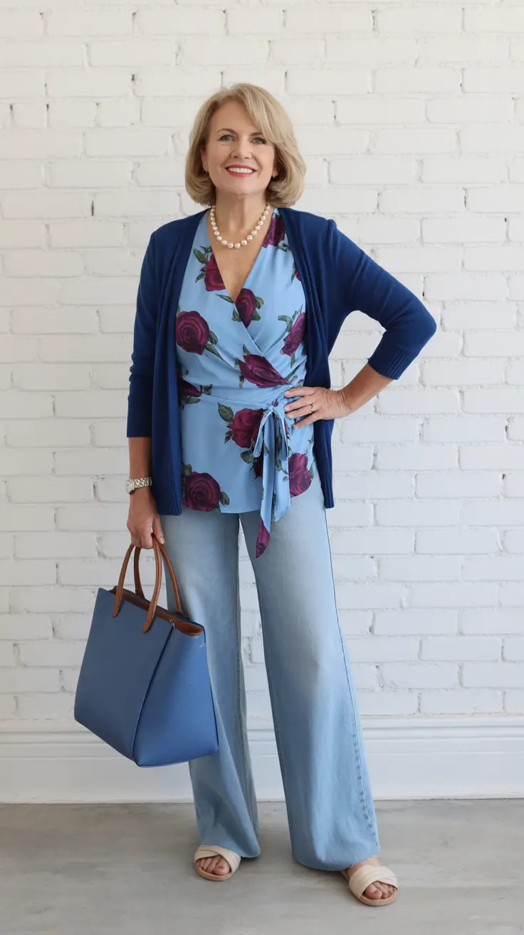 Radiant Spring Outfits for Women Over 60 2026 - Navy Cardigan With Blue Floral Wrap Top And Light Wide Leg Denim
