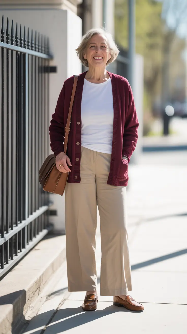 Radiant Spring Outfits for Women Over 60 2026 - Cardigan And Beige Trousers Capsule Calm