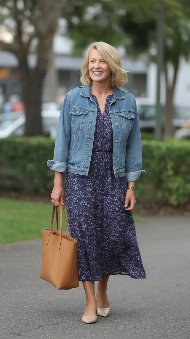Radiant Spring Outfits for Women Over 60 2026 - Denim Jacket Over Floral Midi Romance