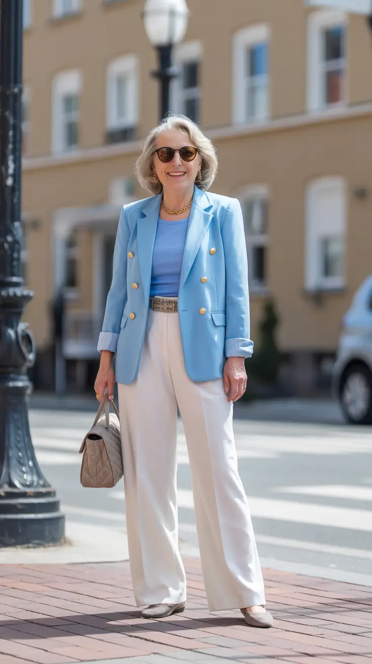 Radiant Spring Outfits for Women Over 60 2026 - Powder Blue Blazer With Cream Wide Leg Ease
