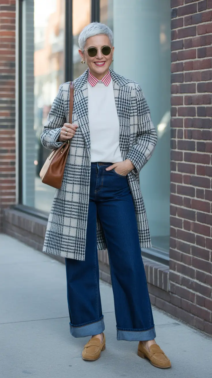 Radiant Spring Outfits for Women Over 60 2026 - Plaid Topcoat With Dark Denim And A Crisp Collar