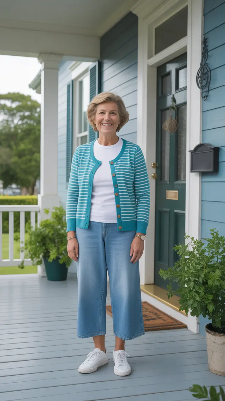Radiant Spring Outfits for Women Over 60 2026 - Sea Glass Stripes And Cropped Denim For Porch Day Pretty