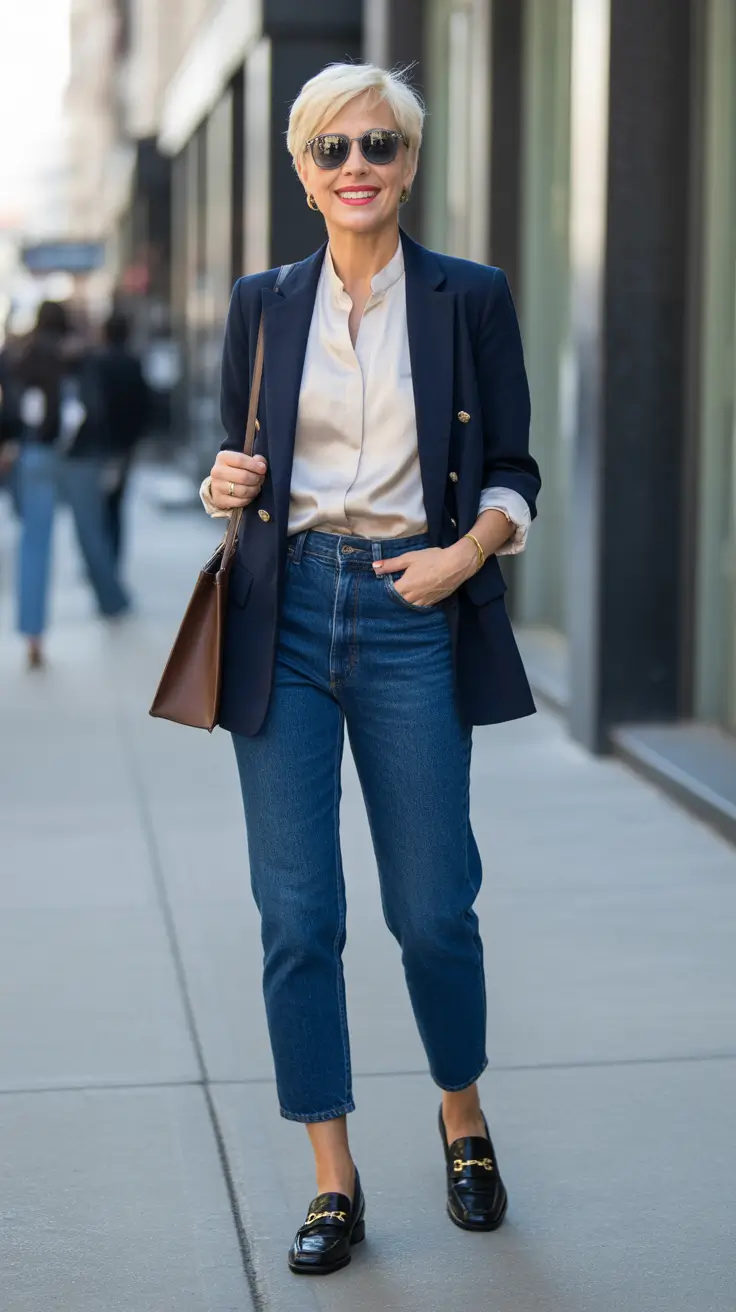 Radiant Spring Outfits for Women Over 60 2026 - Navy Blazer And Jeans With That Downtown Energy