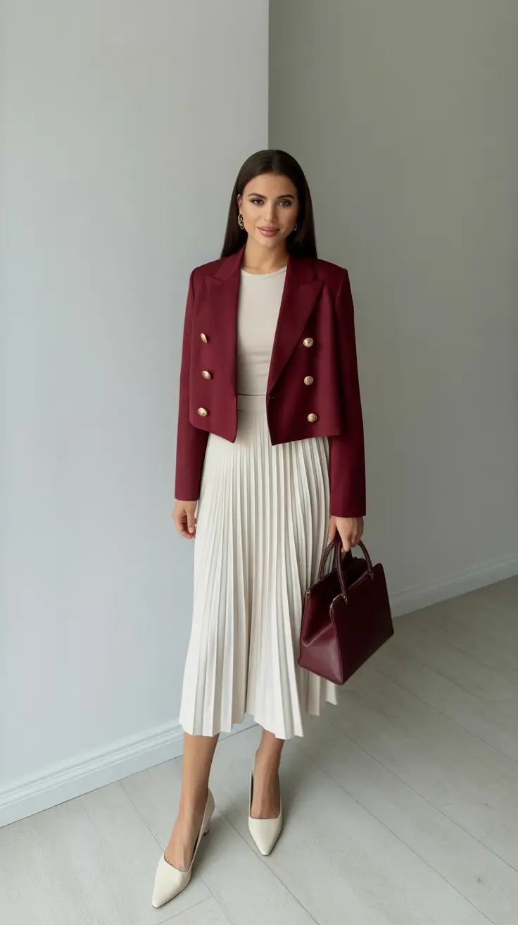 feminine spring skirt outfits 2026 - Burgundy Blazer And Pleated Cream Midi