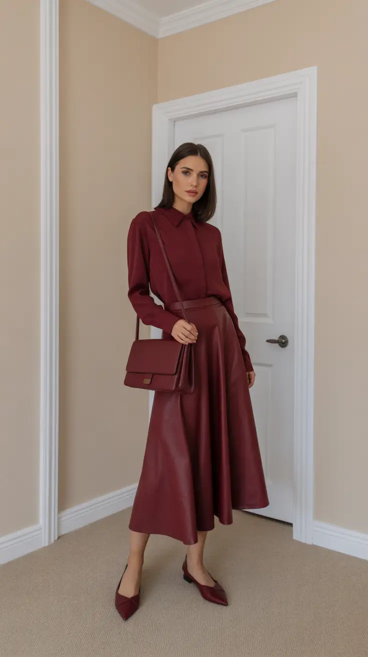 feminine spring skirt outfits 2026 - Tonal Burgundy Set That Feels Elegant And Modest