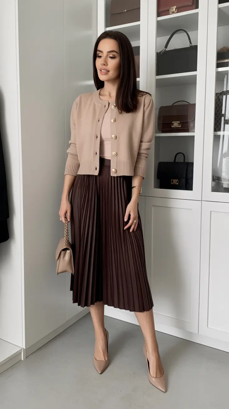 feminine spring skirt outfits 2026 - Soft Mocha Cardigan With Chocolate Pleated Midi