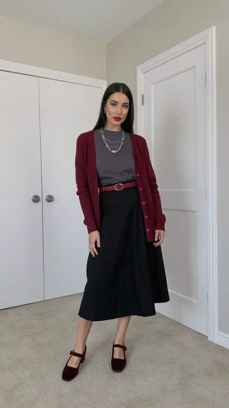 feminine spring skirt outfits 2026 - Burgundy Cardigan And Black Midi With Mary Janes