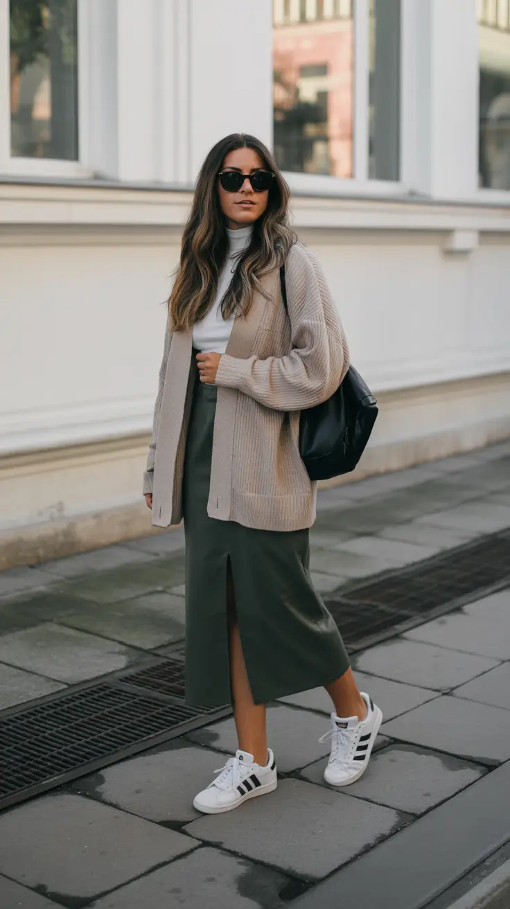 feminine spring skirt outfits 2026 - Olive Slit Midi With Chunky Cardigan And Sneakers