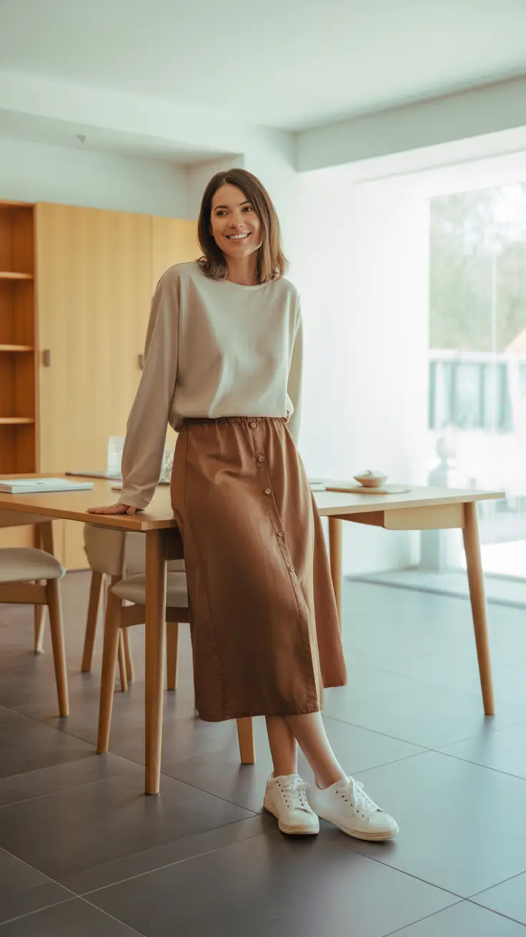 feminine spring skirt outfits 2026 - Soft Sweatshirt And Button Front Midi For Quiet Morning Errands