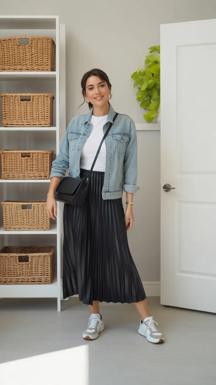 feminine spring skirt outfits 2026 - Denim Jacket And Pleated Black Midi For Weekend City Energy