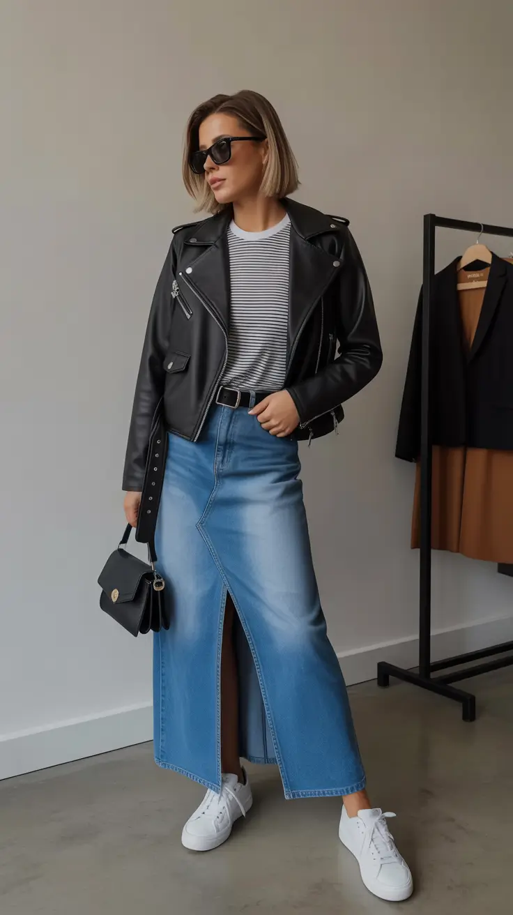 feminine spring skirt outfits 2026 - Leather Jacket And Denim Maxi Slit For Cool Girl Contrast