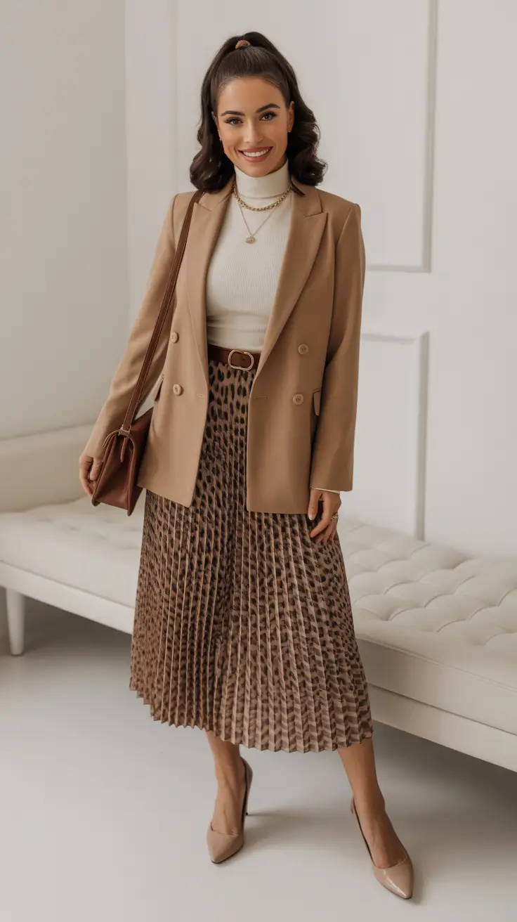feminine spring skirt outfits 2026 - Caramel Blazer With Leopard Pleated Skirt