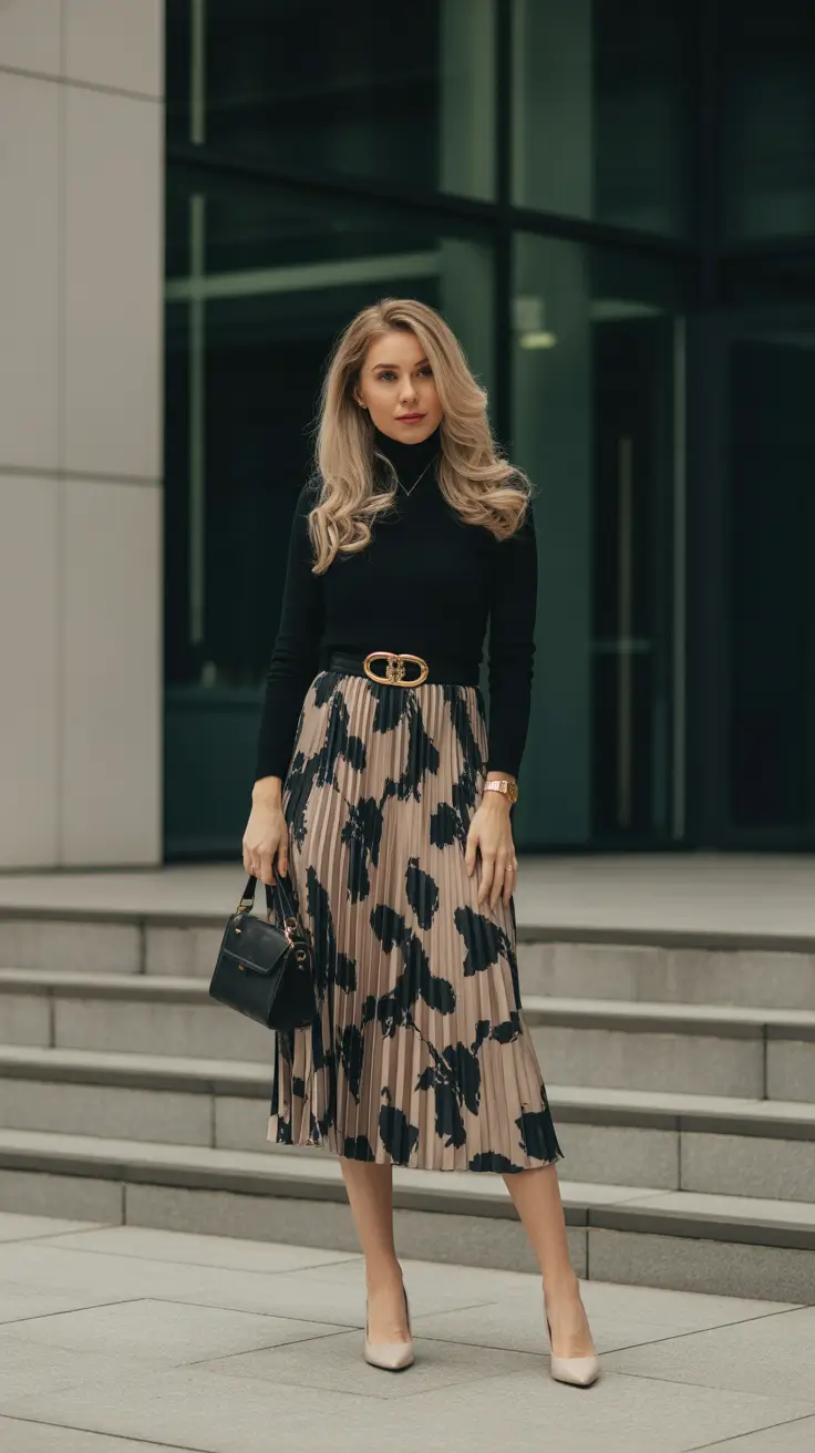 feminine spring skirt outfits 2026 - Black Turtleneck And Abstract Pleated Midi
