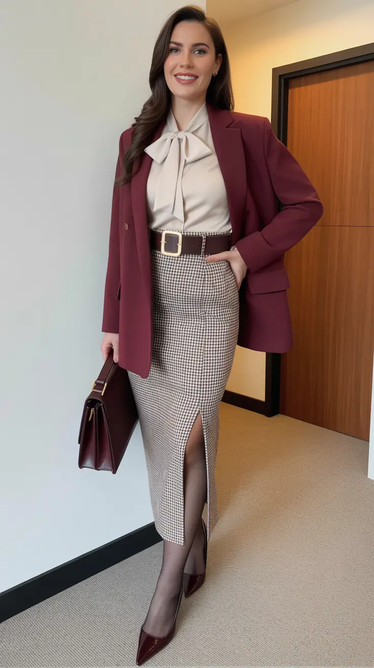 feminine spring skirt outfits 2026 - Bordeaux Suiting With A Slit Pencil Skirt
