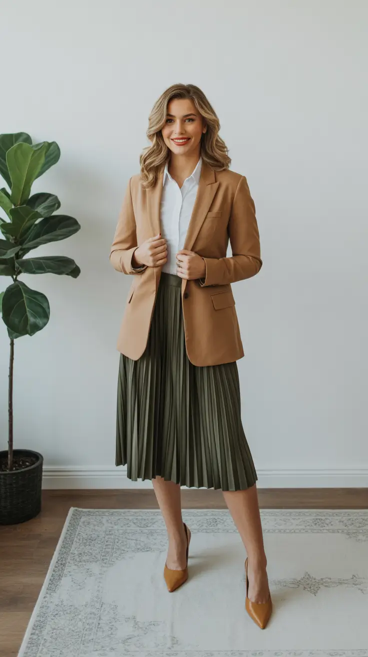 feminine spring skirt outfits 2026 - Camel Blazer And Olive Pleats For Polished Spring Days