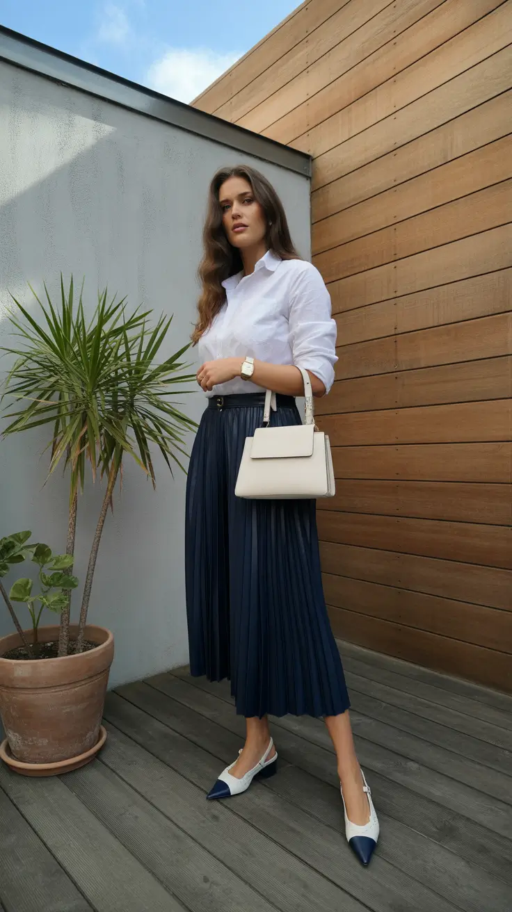 feminine spring skirt outfits 2026 - Crisp White Shirt And Navy Pleats For Breezy Minimalism
