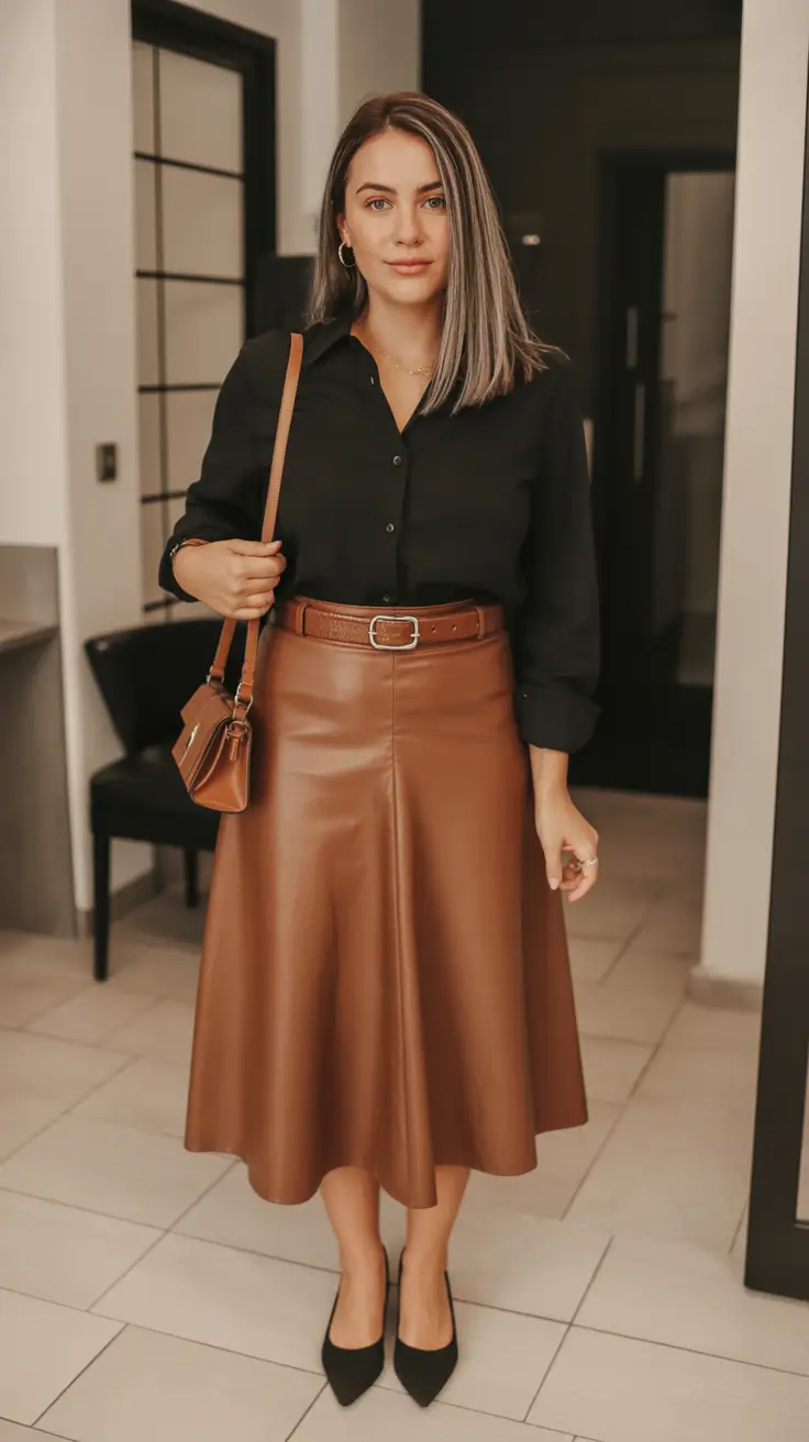 feminine spring skirt outfits 2026 - Cognac Leather Midi With A Black Top For Modern Romance
