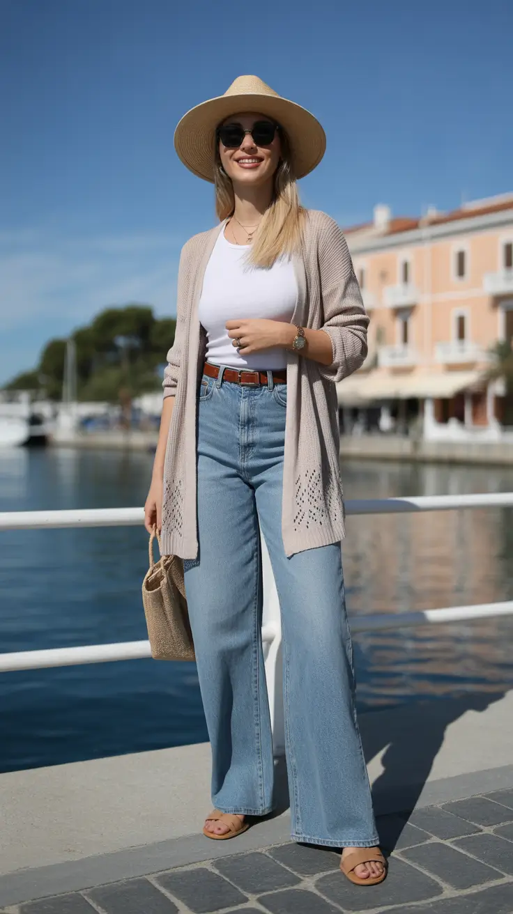 Cozy Spring Vacation Outfits 2026 Straw Hat And Wide-Leg Denim By The Water