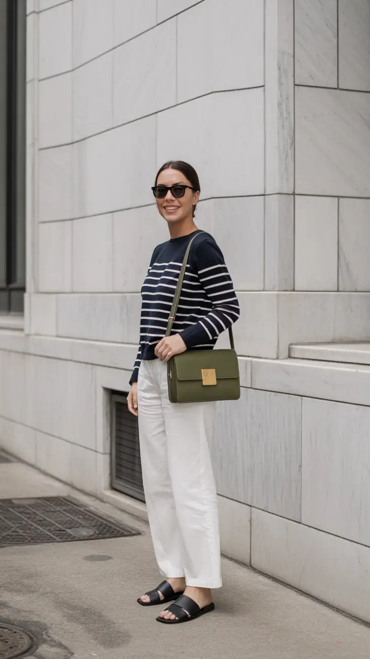 cozy spring vacation outfits 2026 Striped Sweater And White Pants For City Stroll Chic