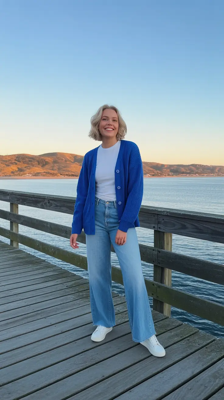 Cozy Spring Vacation Outfits 2026 Cobalt Cardigan And Wide-Leg Denim On The Pier