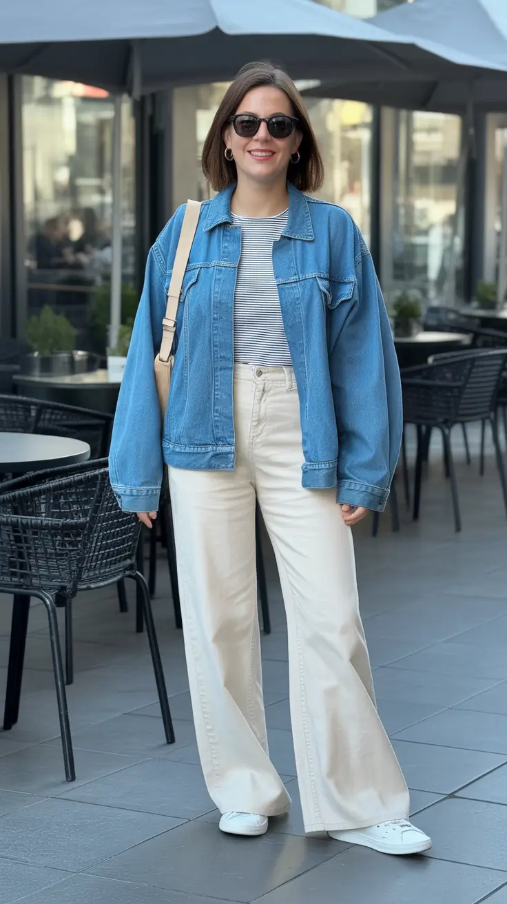 Cozy Spring Vacation Outfits 2026 Denim Jacket And Cream Trousers For Cafe Days