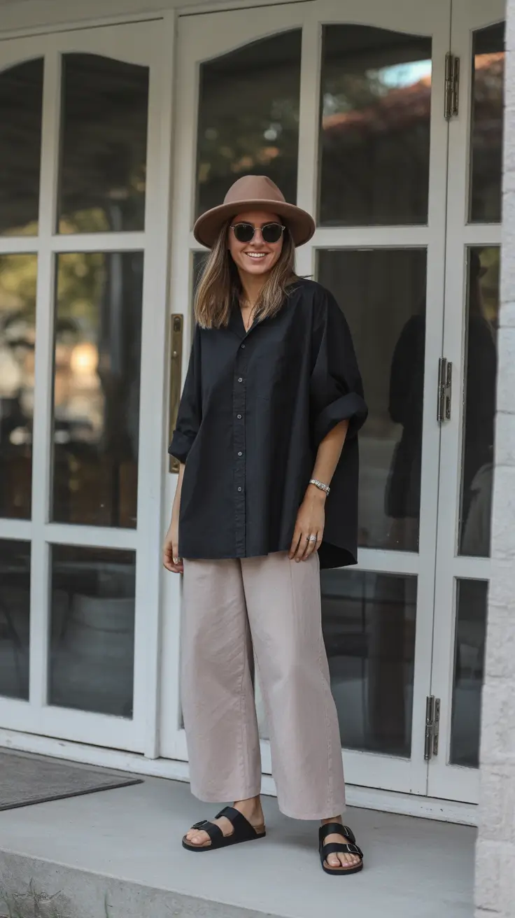 Cozy Spring Vacation Outfits 2026 Black Button-Down And Relaxed Trousers For Easy Dinners