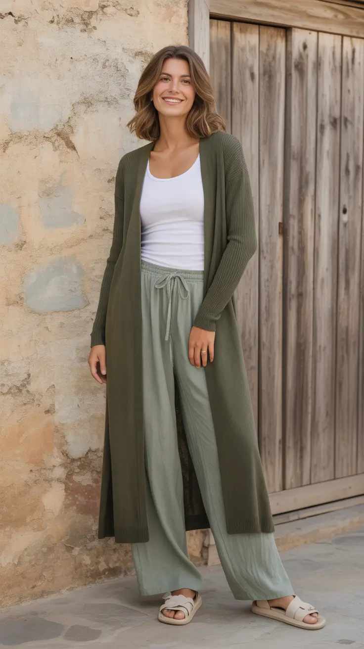 cozy spring vacation outfits 2026 Long Olive Cardigan And Sage Pants For Soft Layering