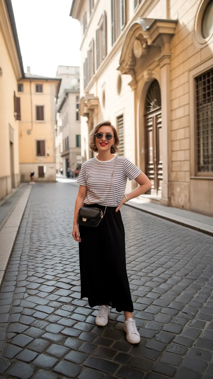 cozy spring vacation outfits 2026 Striped Tee And Black Midi Skirt For European Street Style