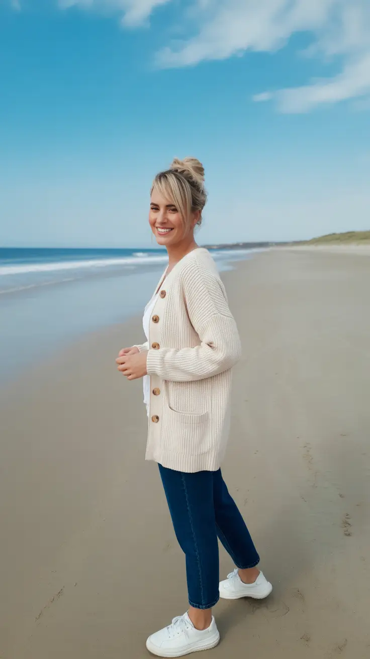 Cozy Spring Vacation Outfits 2026 Cream Cardigan And Dark Denim Beach Walk