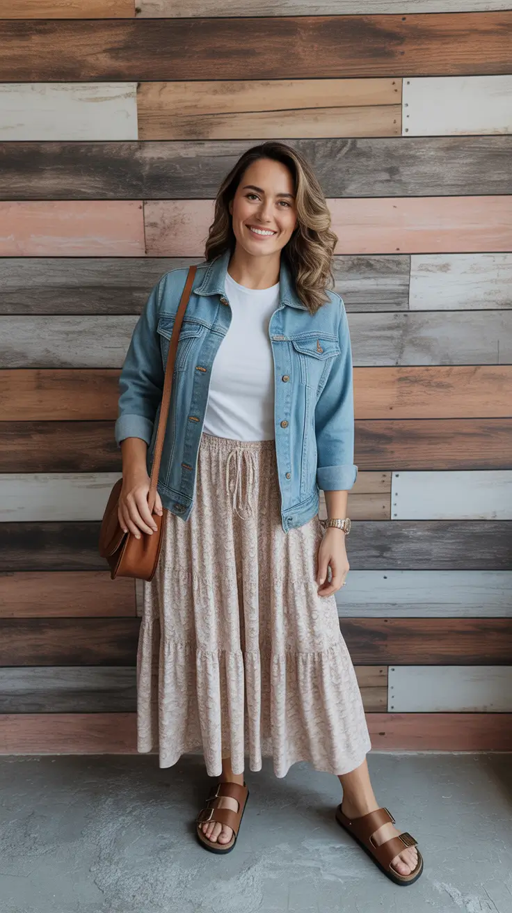 Cozy Spring Vacation Outfits 2026 Denim Jacket And Flowing Midi Skirt For City Wandering
